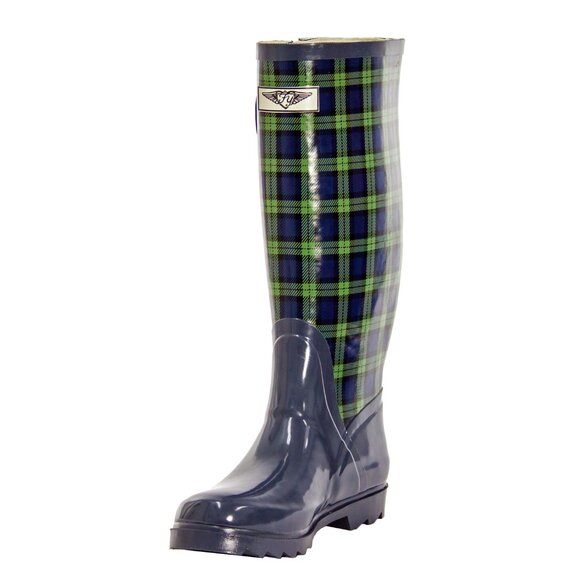 Women Rainboots, Blue Plaid Rubber Wellies Rain Boots, NEW - Picture 2 of 4